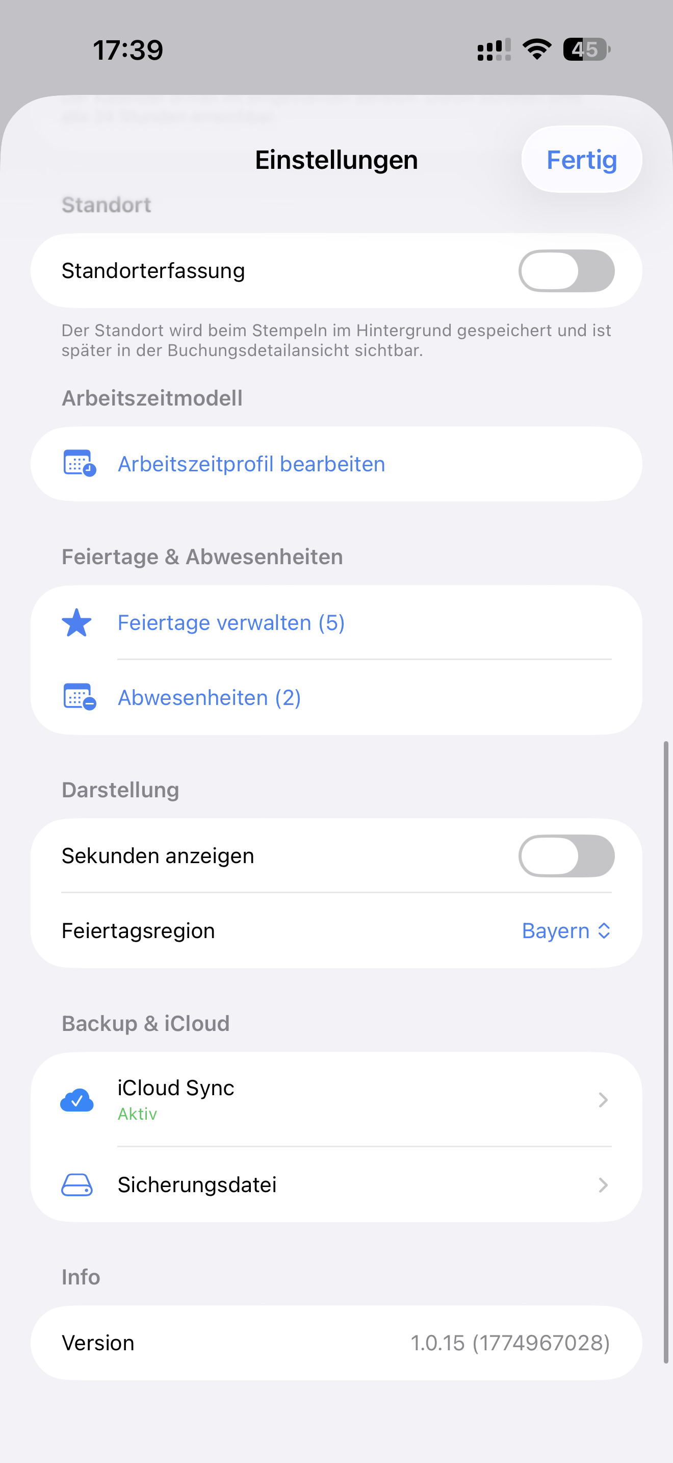 Timenor Einstellungen für Backup und iCloud